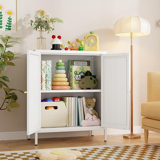 Metal Accent Storage Cabinet for Home, LivingRoom, Office,Kitchen- Metal Locker Cabinet with 1 Adjustable Shelves-Bathroom Floor Storage Cabinet Freestanding Organizer(Stripe Door, White)