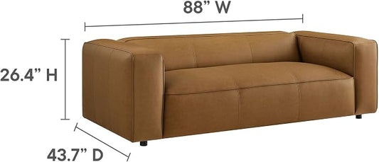 Modway Auren Vegan Leather Sofa in Camel - Faux Leather 3 Seater Couch - 88 Inch Comfy Modern PU Leather Sofa - Oversized Mid Century Modern Couch for Living Room, Apartment, Loft