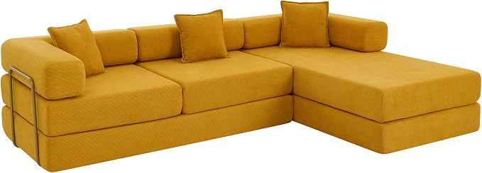 HANXIN 108" Modular Sectional Sofa,Futon Convertible Sofa Bed,Oversized Corduroy Boneless Couch for Living Room,Floor Loveseat Sleeper with Pull Out Bed,Free Combination,No Assembly Required (Yellow)
