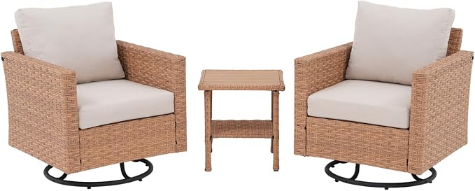 SUNSITT 3-Pieces Patio Furniture Set, Outdoor Wicker Swivel Chairs with Wood Top Side Table & Thick Comfy Cushions, for Porch, Balcony, Deck, Natural Rattan Color
