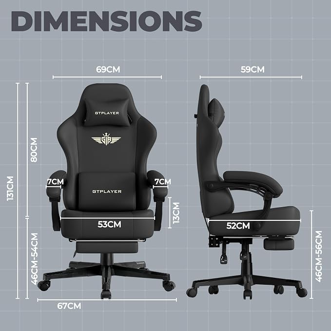 GTPLAYER Gaming Chair with Pocket Spring Cushion, Big and Tall Gamings Chairs 350LBS High Back Computer Chair with Footrest for Adults Lumbar Support Swivel Game Chair for Office, Leather Black