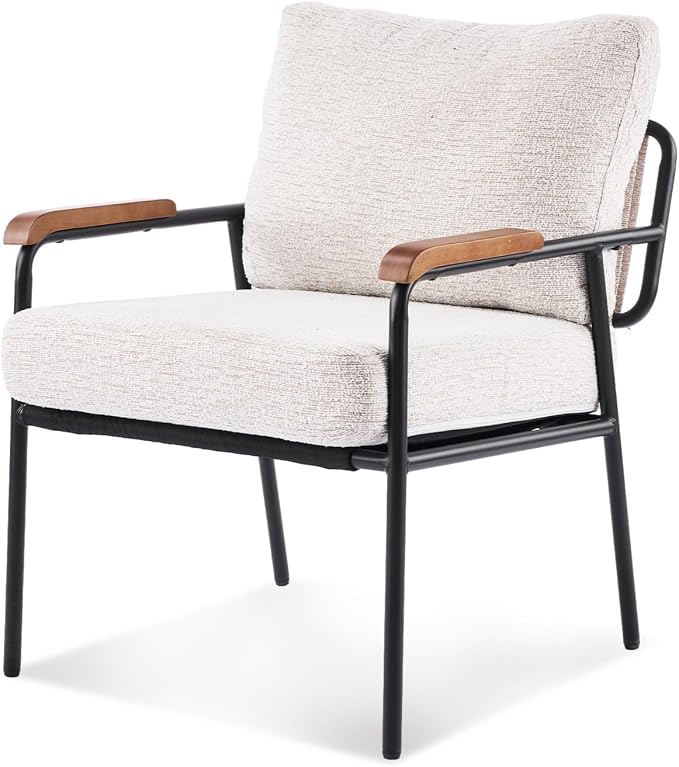VINGLI Mid-Century Modern Accent Armchiar for Small Space, Small Comfy Upholstered Leisure Reading Chair with Wood Armrest for Bedroom, Living Room, Waiting Room, Linen Beige