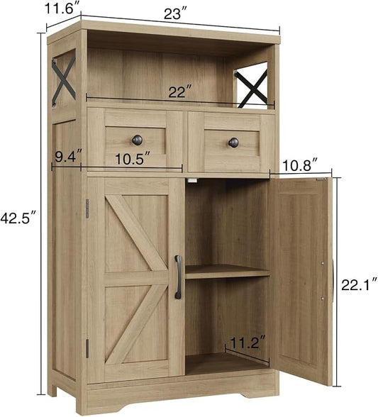 Befrases Natural Wood Storage Cabinet with Drawers and Shelves, Standing Kitchen Pantry Cabinet, Floor Storage Cabinet Hutch Cupboard, Coffee Bar Station for Dining Living Room Home Office