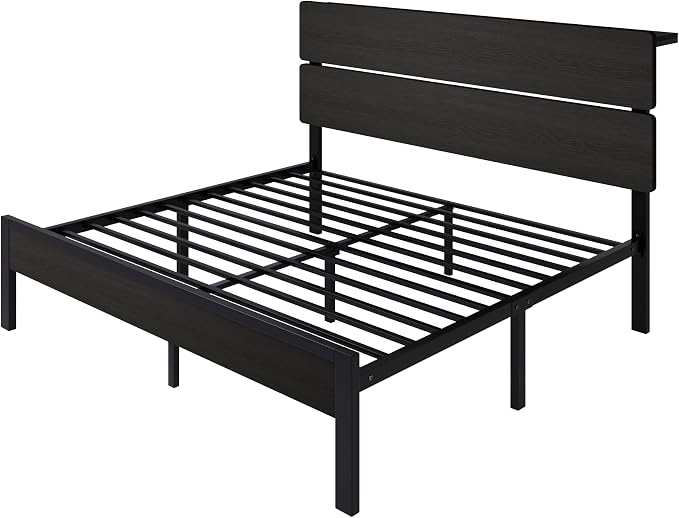 SHA CERLIN King Size Bed Frame with Led Light & Built-in Charging Station, Wooden Headboard with Storage Shelf, Metal Platform Bed, Under Bed Storage, No Box Spring Needed, Noise Free, Black