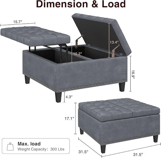 FiveWillowise Square Leather Ottoman with Storage, Faux Leather Coffee Table with Lift Top,Large Upholstered Footrest Stool Toy Box Storage Bench for Bedroom Living Room, Grey