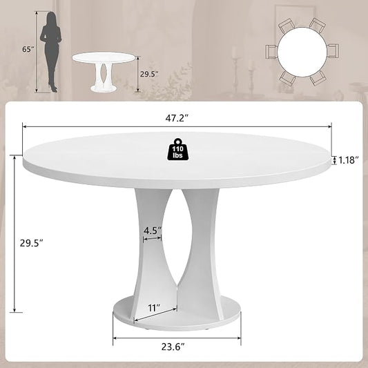 Einhomn 47.2-inch Round Dining Table, Kitchen Table for 4-6, Farmhouse Circle Dining Room Table, Space Saving Wood Kitchen & Dining Room Furniture, White