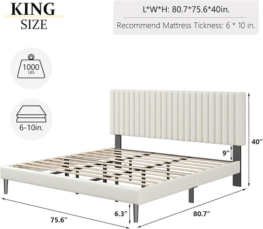 HAOARA King Size Bed Frame,King Size Platform Bed Frame and Velvet Upholstered Headboard with Strong Wood Slats, Box Spring Optional, Mattress Foundation, Easy Assembly Beige