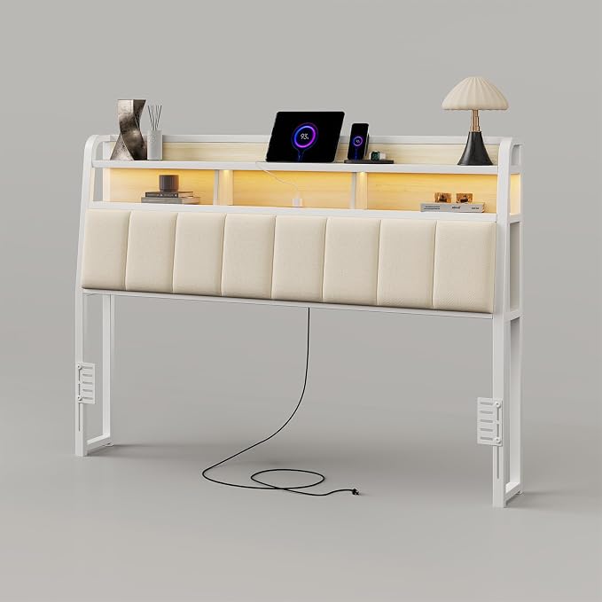 Queen Headboard Only with Storage, Upholstered Headboards for Queen Size Bed with LED Light, Charging Station, Height Adjustable, Sturdy and Stable Headboard, Off White