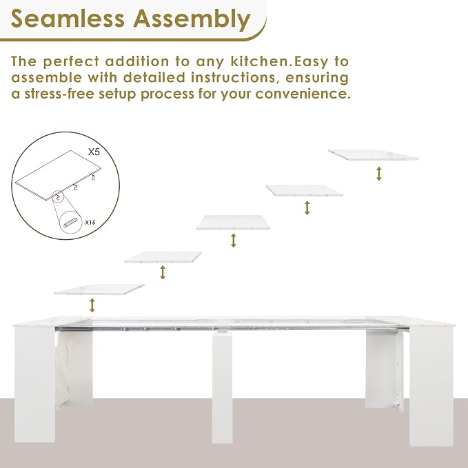20"-118" White Marble Extendable Dining Table for 2-12 People, Modern Modular Extension Table, Space-Saving Extra Long Folding Dining Table, Multifunctional Conference Meeting Table