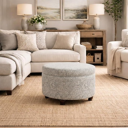 Homepop Home Decor | Upholstered Round Storage Ottoman | Ottoman with Storage for Living Room & Bedroom, Gray Floral