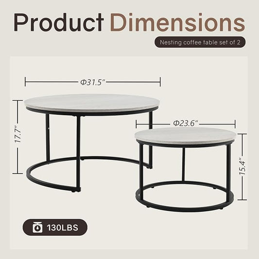Otterease Nesting Tables Set of 2, 31.5" Round Coffee Table, Large Nesting Coffee Table with Adjustable Non-Slip Fee, Wood Grain Top Nesting Tables for Living Room, Bedroom (Wood Grain Grey)