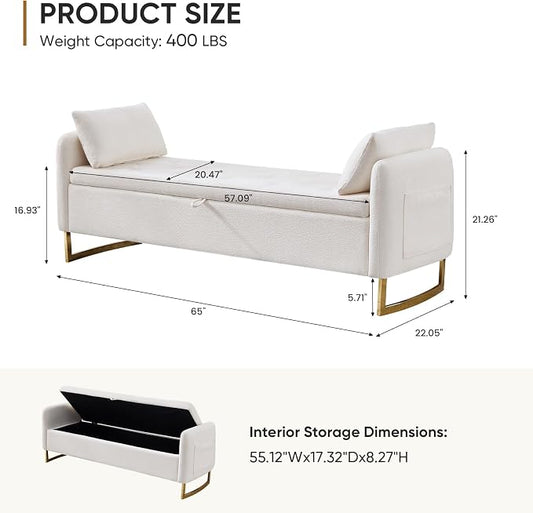 65" Storage Ottoman Bench, Storage Bench for Bedroom, End of Bed Storage Bench with Tufted Upholstered and Gold Legs, Bedroom Benches with Arms Window and Entryway, Chenille Cream