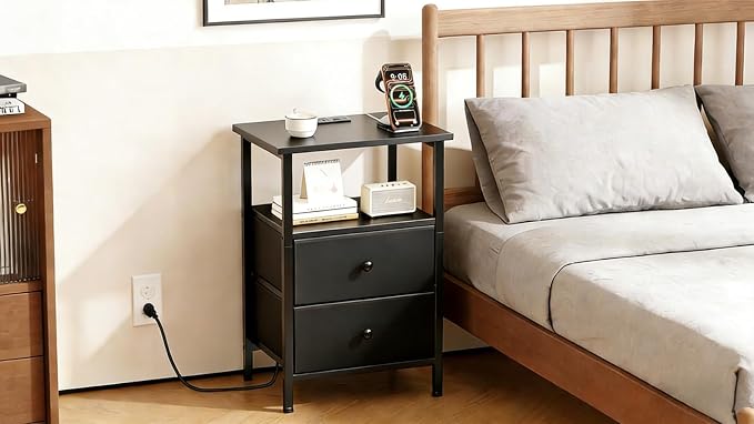 Nightstand with Charging Station, Bedside End Table with 2 Fabric Drawers for Bedroom, Side Table with USB Ports and Outlets (Black)