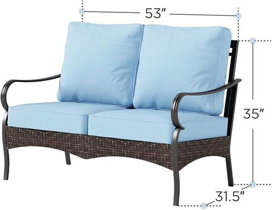 PHI VILLA Wicker & Metal Outdoor 2-Seat Patio Couch,Patio Sofa Loveseat with Deep Seating for Front Porch, Deck, Balcony, Backyard, Sunroom,Blue