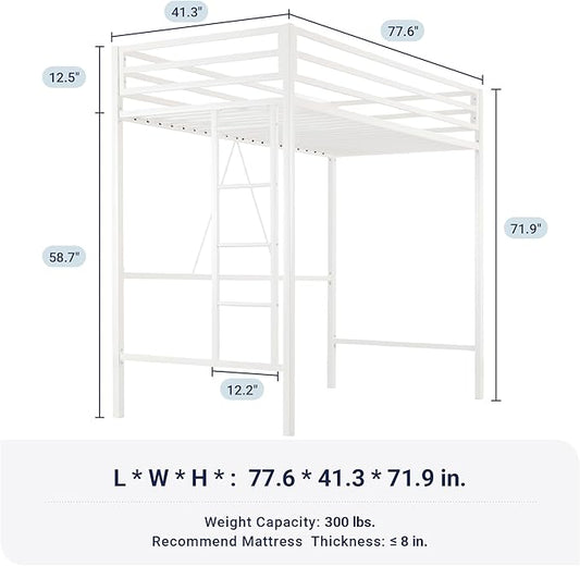 Allewie Metal Loft Bed Twin Size with Guardrail and Ladder,White | Small Space Saving Design for Bedroom Kid Room and Dorm, No Box Spring Needed