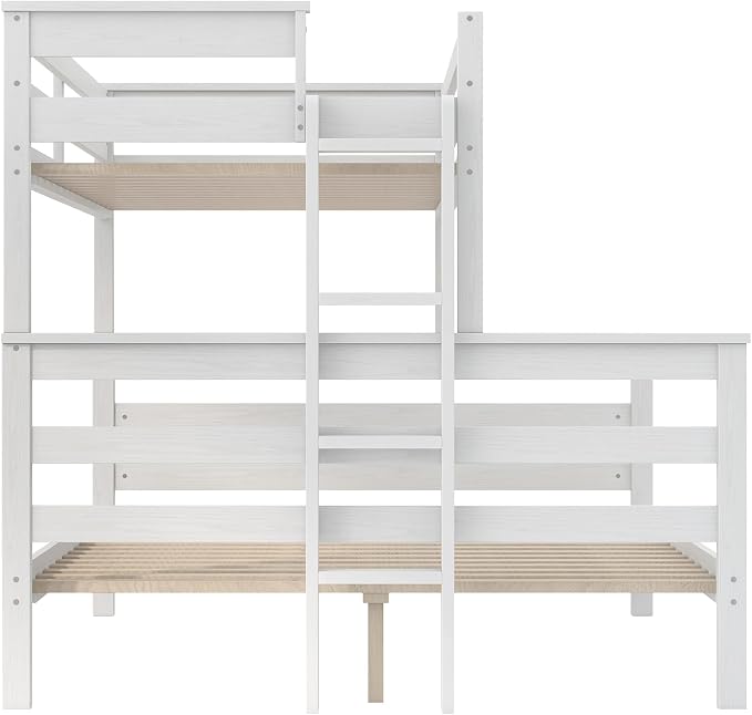 Wood Bunk Bed Twin XL Over Queen Size, Detachable Design Bunk Bed Frame with Safety Guardrail, Ladder and Sturdy Slats Support (White-4.21)