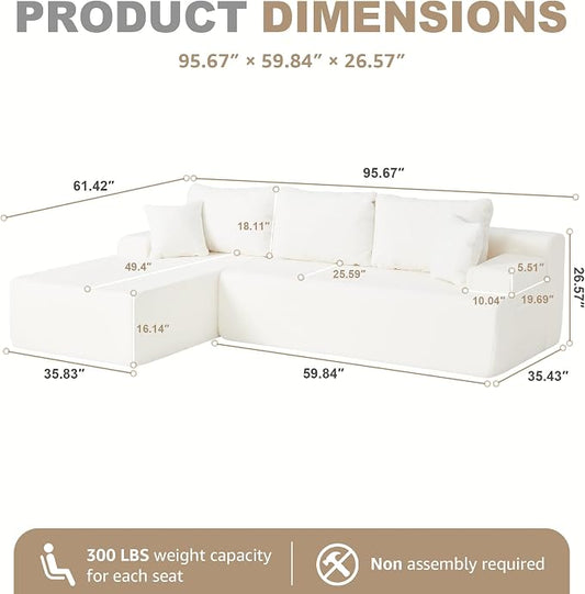 Hobestluk Modular Sectional Sofa Couches L-Shape Couch 3 Seat Modular Sofa Memory Foam Sectional Couches for Living Room, Cloud Couch with Oversized Chaise (White Smooth, 96", Left Hand Facing)