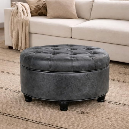 HomePop 25" Button Tufted Round Storage Ottoman - Gray Faux Leather