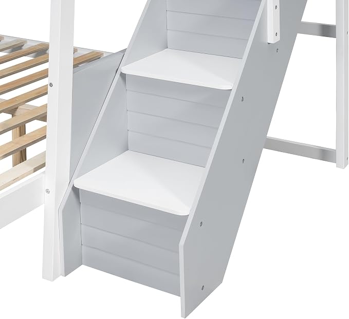 Wood Bunk Bed Twin Over Full with Staircase and Side Shelves | Striped-Design Staircase, Built-In Light Strip, Space-Saving Design, Kids Teens Adults, Versatile Bed Frame