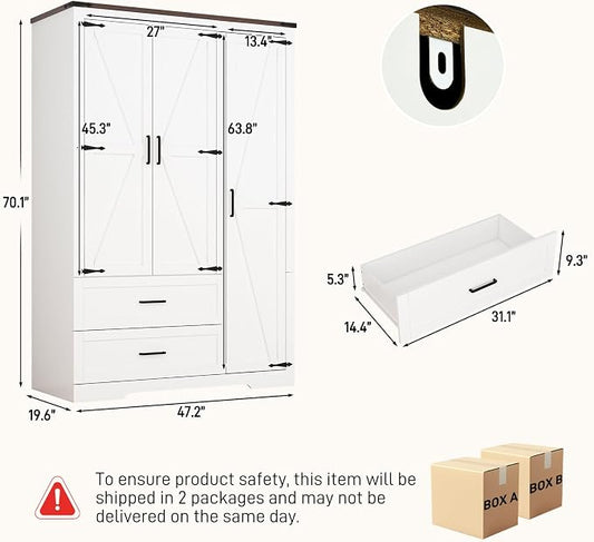 Hlivelood 3 Doors Wardrobe Armoire Closet with Doors and Drawers, Farmhouse Wooden Armoire Storage Cabinet with Shelves & Hanging Rod for Bedroom, White