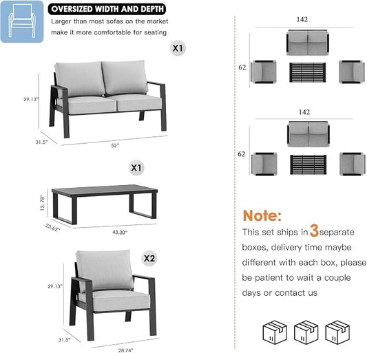 Aluminum Outdoor Patio Furniture Set, 4 Piece Sectional Coversation Sets with Coffee Table, Modern Outdoor Sofa Couch with Thick Cushions for Porch, Balcony, Garden, Light Gray