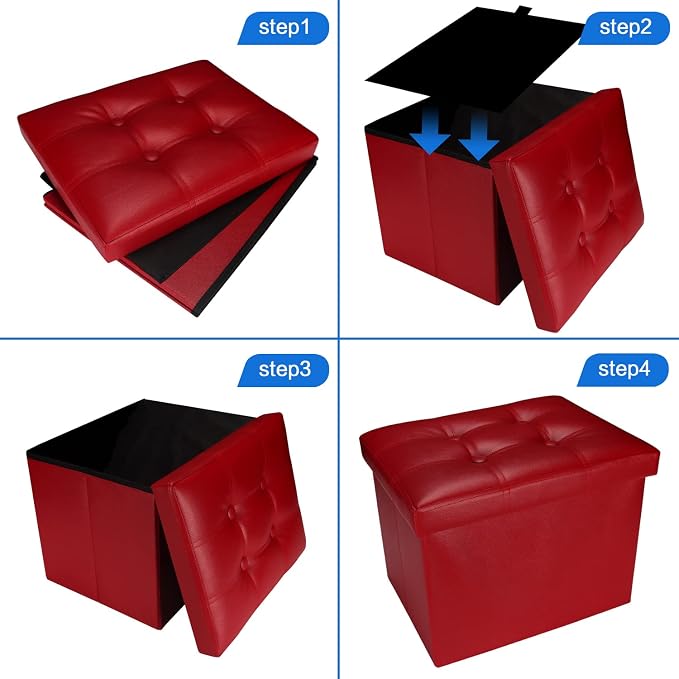 Bsketa Storage Ottoman, Folding Foot Stool with Thicker Foam Padded Seat Small Leather Storage Ottoman Bench Foot Rest for Living Room Foldable Coffee Table 17x13x13in,Red