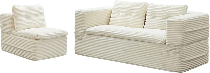 80'' Futon Sofa Bed, King Size Foldable Sleeper Sofa, Corduroy Boneless Loveseat Couch with Chaise Lounge, 3 Pillows, Blanket, Upholstered Sectional Couches for Living Room, Bedroom, Beige