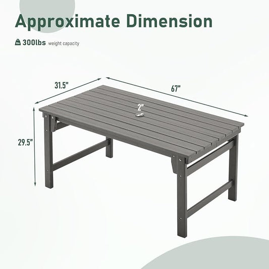 Furnimart Outdoor Dining Table for 4-6 Person, 67" HDPE All-Weather Dining Table with Umbrella Hole, Oversized Patio Dining Set, Outdoor Furniture for Backyard, Garden, Lawn & Poolside, Rectangle Grey