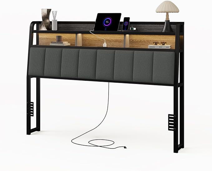 Queen Headboard Only with Storage, Upholstered Headboards for Queen Size Bed with LED Light, Charging Station, Height Adjustable, Sturdy and Stable Headboard, Black & Grey