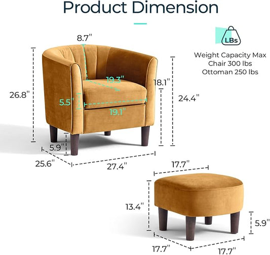 LINSY Accent Chair with Ottoman, Modern Barrel Chair Comfy Armchair Reading Chair with Footrest, Round Arms Chair for Living Room Bedroom Reading Room, Velvet, Yellow