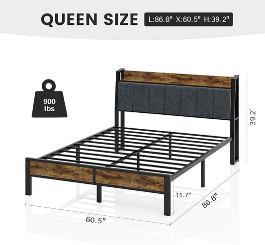 Liians Queen Size Bed Frame with Wood Headboard, Metal Platform Bed with USB Charging Station and Smart LED Lights, No Box Spring Needed, Easy Assembly