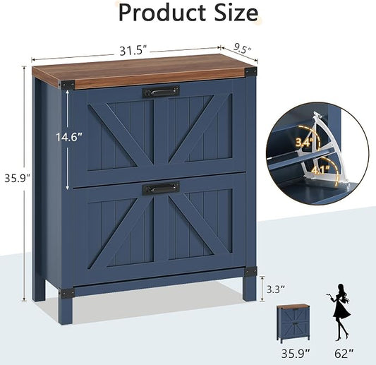 YOMILUVE Shoe Cabinet with 2 Flip Drawers, Farmhouse Shoe Storage Cabinet for Entryway, Slim Shoe Rack Freestanding Shoe Organizer with Barn Door, Blue