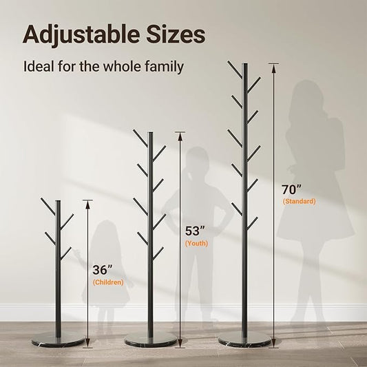 ELYKEN Coat Rack Freestanding, Metal Coat Rack with Natural Marble Base | 10 Hooks, 3 Adjustable Heights, Heavy Duty Coat Tree for Entryway, Hallway, Bedroom, Office, Black
