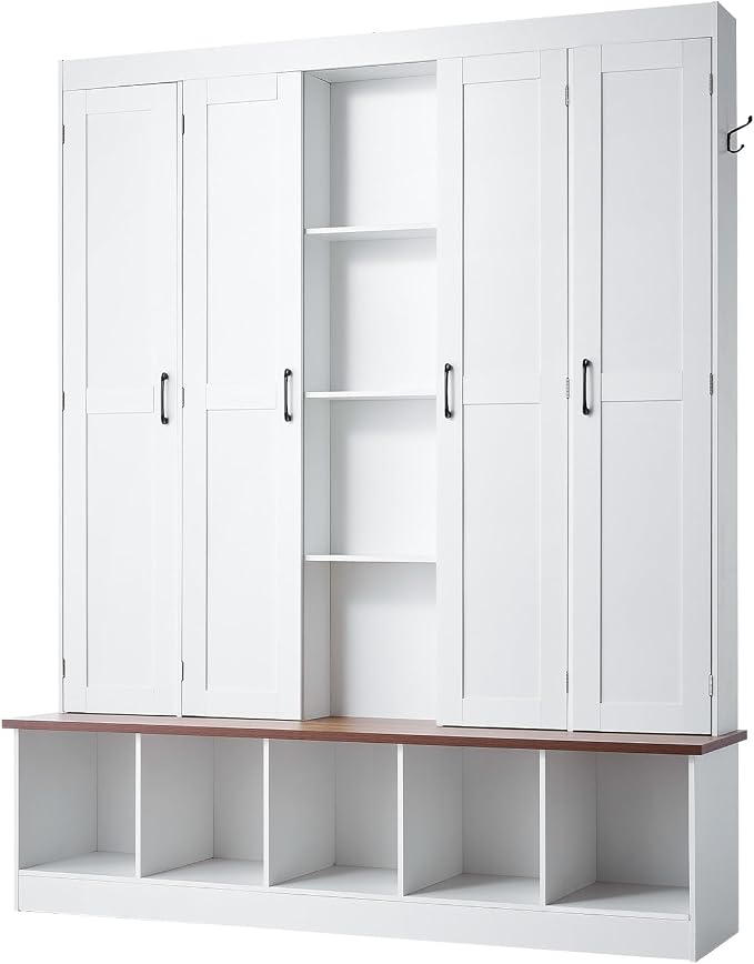 VEVOR Hall Tree with Bench and Shoe Storage, 63" Wide, 4-in-1 Entryway Hall Tree with Bench, Hanging Hooks, Storage Cabinet, and Shoe Cabinet, Wooden Furniture for Mudroom, Entryway, Hallway, White
