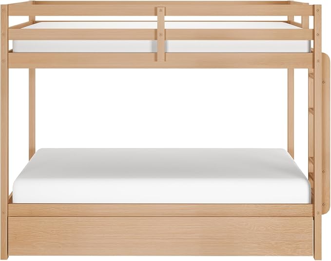 Grain & Grove Bear Twin Over Twin Bunk Bed with Trundle Bed, Sturdy Bunk Bed Frame for Kids, Plywood Bunk with Ladder, Guardrail, and Slats, No Box Spring Required, Oak Embossed Natural