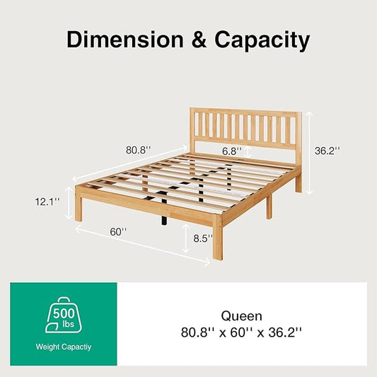 Novilla 12 Inch Queen Bed Frame with Headboard, Queen Size BedFrame with Headboard Classic Wooden Bed Frame Queen Size with Wood Slat Support, No Box Spring Needed, Easy Assembly, Natural Grain Wood