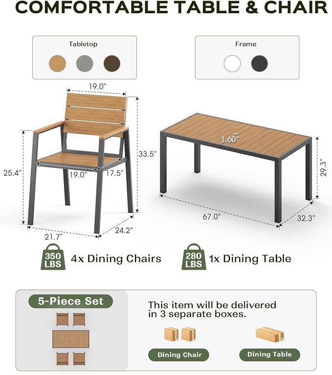 Vexwalx 5-Piece Outdoor Dining Set, Aluminum Dining Table Set for 4, Patio Table and Chairs Set with Umbrella Hole, All Weather HDPS Outdoor Table and Chairs for 4 (Gray-Teak)