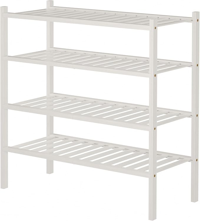 ROMGUAR CRAFT 4 Tier Bamboo Shoe Rack for Closet Free Standing Wood Shoe Shelf for Entryway Small Space Stackable 27"x11"x26" (White)