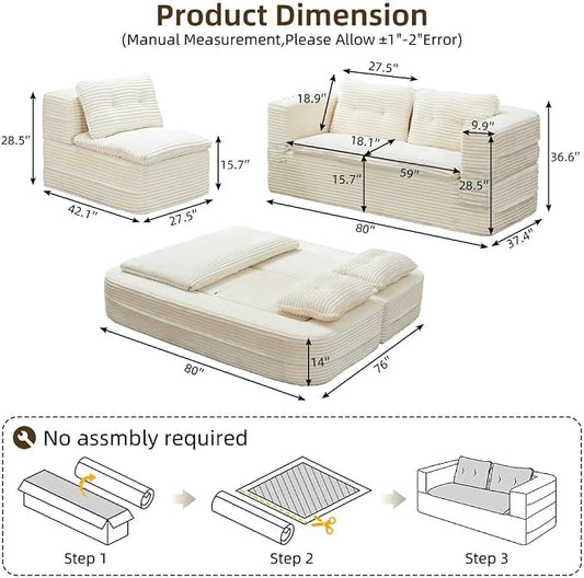 80'' Futon Sofa Bed, King Size Foldable Sleeper Sofa, Corduroy Boneless Loveseat Couch with Chaise Lounge, 3 Pillows, Blanket, Upholstered Sectional Couches for Living Room, Bedroom, Beige