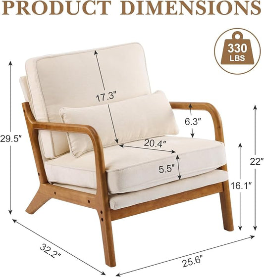 Karl home Mid Century Modern Accent Chair with Lumbar Pillow & Oak Arms – Plush Chenille Living Room Chair for Bedroom, Lounge (Creamy)