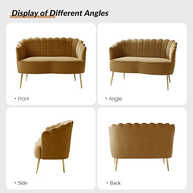 Velvet Upholstered Loveseat Sofa with Gold Metal Legs, Modern Comfy Small Love Seat with Flower Shaped Back, 2-Seater Sofa Accent Couch for Living Bedroom Leisure Areas, Golden