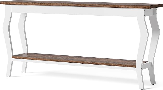 LITTLE TREE 70.9 Inches Long Console Table, 2-Tier Vintage Wooden Sofa Table Behind The Couch with Metal Legs for Hallway, Entryway, Living Room, Brown & White