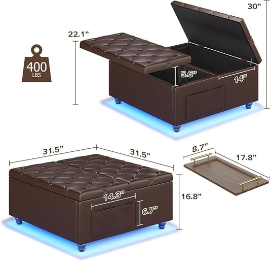 Dnxao Leather Ottoman with Storage,Lift Top Tufted Upholstered Ottoman Coffee Table with LED Lights and Charging Station, Ottomans for Living Room with 2 Side Pockets,Tray Included,PU Brown