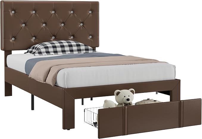 VECELO Twin Size Bed Frame with Storage Drawers, Leather Upholstered with Diamond Tufted Headboard, Solid Wood Slat Support, No Box Spring Needed, PU & Brown