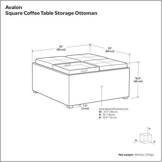 SIMPLIHOME Avalon Wide Contemporary Square Coffee Table Storage Ottoman, Flint Grey,