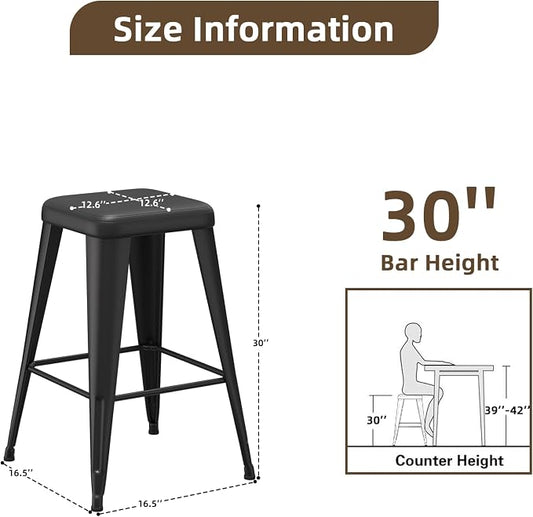 Bar Stools Set of 4, 30" Bar Height Bar Stools Backless, Upholstered Bar Stools with Metal Legs for Kitchen Island, Study Room, Cafe, Black