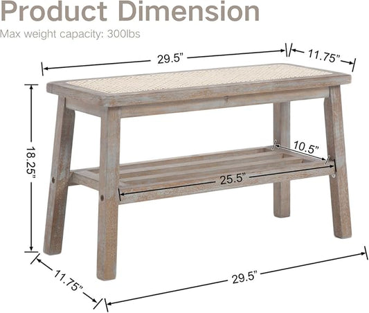 ROCITY Rattan Entryway Bench Wood Bench with Shoe Rack 30 Inch Small Bench Seat Storage Indoor Distressed Wooden Dining Bench Farmhouse Vintage Rustic Accent Bench for Porch/Dining Room/Living Room