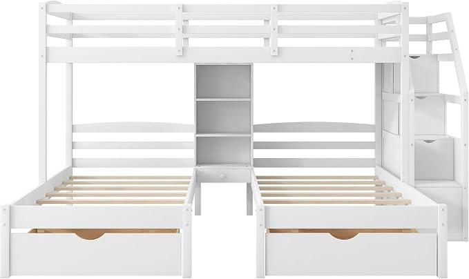 VilroCaz Twin Size Triple Bunk Bed with Drawers and Staircase, Solid Wood Bunk Bed Frame with Safety Full-Length Guardrail and Built-in Shelves, 3 Beds in 1 for Kids Teens Adults