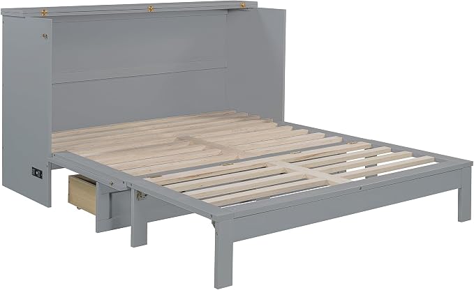 Ball & Cast Murphy Bed Queen Size Bedroom Folding Wall Cabinets Frame with Large Drawer and USB Ports,Hideaway Bed w/Tri-Fold Mattress Design,for Guest Room,Study,Office,Gray
