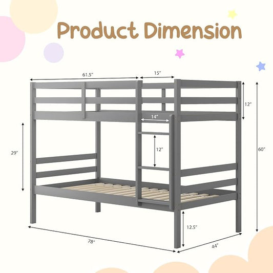 KOMFOTT Wood Bunk Bed Twin Over Twin, Bunk Bed with Ladder & Safety Guardrail, Solid Wood Bed Frame, Ideal for Dormitory & Multiple-Child Family, No Box Spring Needed, Kids Bunk Bed